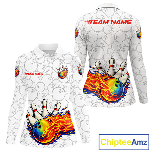 Colorful rainbow flame Bowling Polo, 1/4 zip Shirt For Women Custom white camo Bowling Team jerseys NQS11319