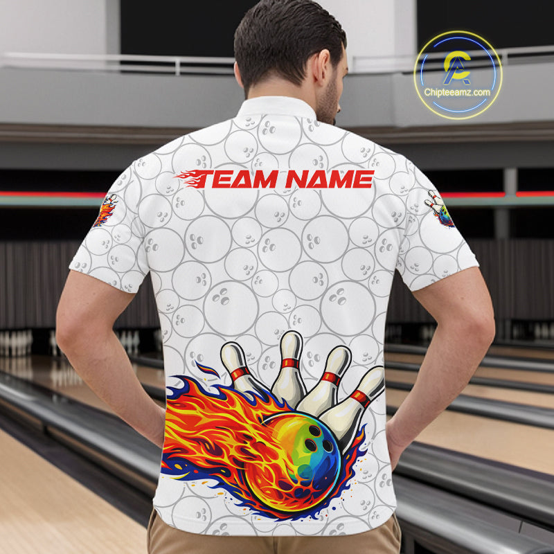 Colorful rainbow flame Bowling Polo, 1/4 zip Shirt For Men Custom white camo Bowling Team jerseys NQS11319