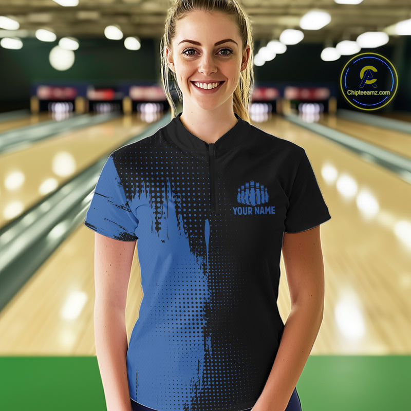 Black and Blue Bowling Polo, Quarter Zip Shirt For Women Custom Team Bowling jerseys NQS11320