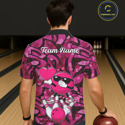 Funny Bowling heart pink graffiti pattern Valentine Bowling Hawaiian shirt Custom Bowling Outfits NQS11322