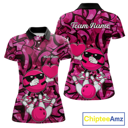 Funny Bowling heart pink graffiti pattern Custom Valentine matching bowling shirts for couples NQS11322