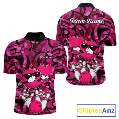 Funny Bowling heart pink graffiti pattern Custom Valentine matching bowling shirts for couples NQS11322