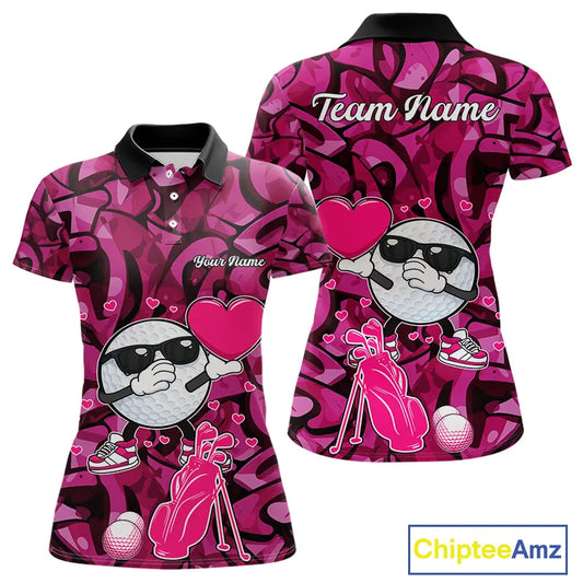 Funny Golf ball heart pink graffiti pattern Valentine Golf polo shirt for Women Custom Couple Outfits NQS11323