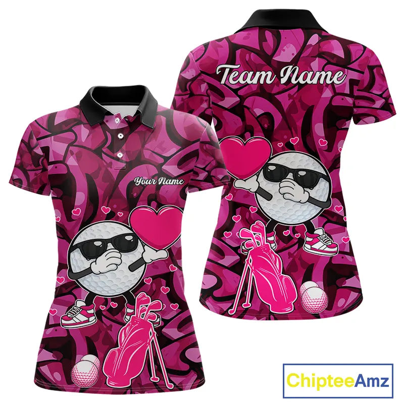 Funny Golf ball heart pink graffiti pattern Custom Valentine matching golf polo shirts for couples NQS11323