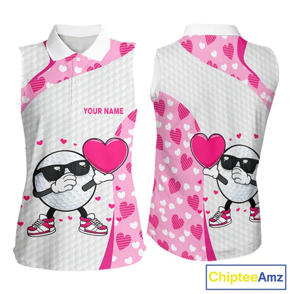 Personalized funny golf ball pink heart pattern white Sleeveless Golf Polo Shirt, Valentine golf gift NQS11324