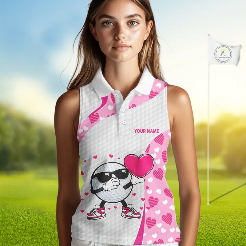Personalized funny golf ball pink heart pattern white Sleeveless Golf Polo Shirt, Valentine golf gift NQS11324