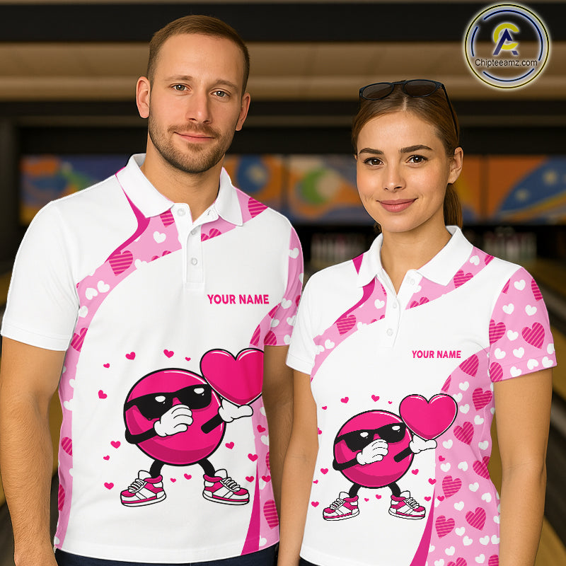 Custom funny bowling ball pink heart pattern matching bowling shirts for couples, Valentine gifts NQS11325