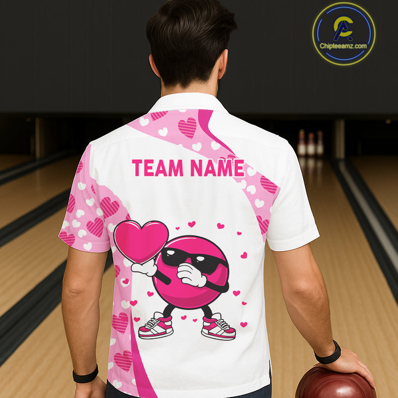 Custom funny bowling ball pink heart pattern white Bowling Hawaiian shirt, Valentine bowling gifts NQS11325