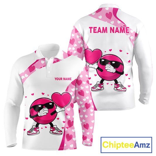 Personalized funny bowling ball pink heart pattern white Mens bowling shirts, Valentine bowling gifts NQS11325