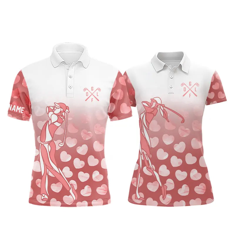 Personalized pink heart pattern white matching golf polo shirts for couples, Valentine golf gifts NQS11326