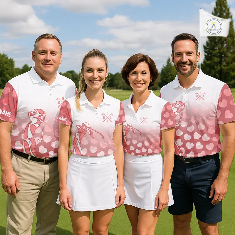 Personalized pink heart pattern white Womens golf polo shirts, custom Valentine golf gifts for her NQS11326