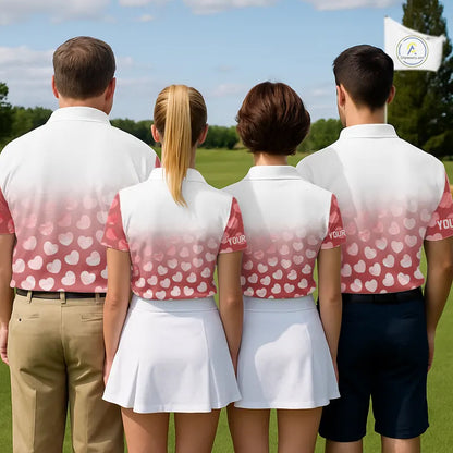 Personalized pink heart pattern white Womens golf polo shirts, custom Valentine golf gifts for her NQS11326