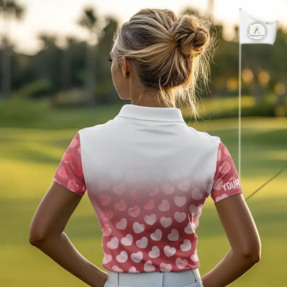 Personalized pink heart pattern white Womens golf polo shirts, custom Valentine golf gifts for her NQS11326