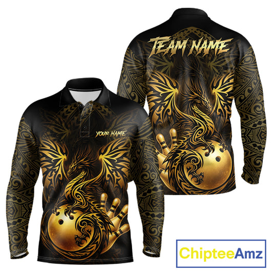 Custom Black And Gold tribal Dragon Bowling Shirts For Men, Dragon Bowling Team Shirts Uniform NQS11534