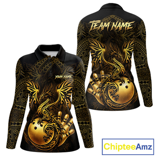 Custom Black And Gold tribal Dragon Bowling Shirts For Women, Dragon Bowling Team Shirts Uniform NQS11534