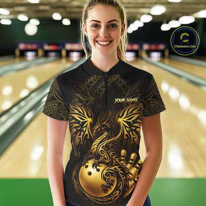Custom Black And Gold tribal Dragon Bowling Shirts For Women, Dragon Bowling Team Shirts Uniform NQS11534