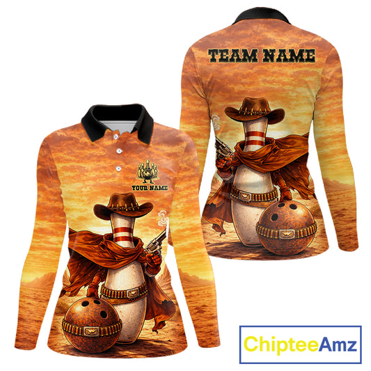 Custom Funny Desert Bowling Cowboy gun bowling team shirts For Women, Bowling Polo, 1/4 zip jerseys NQS11536
