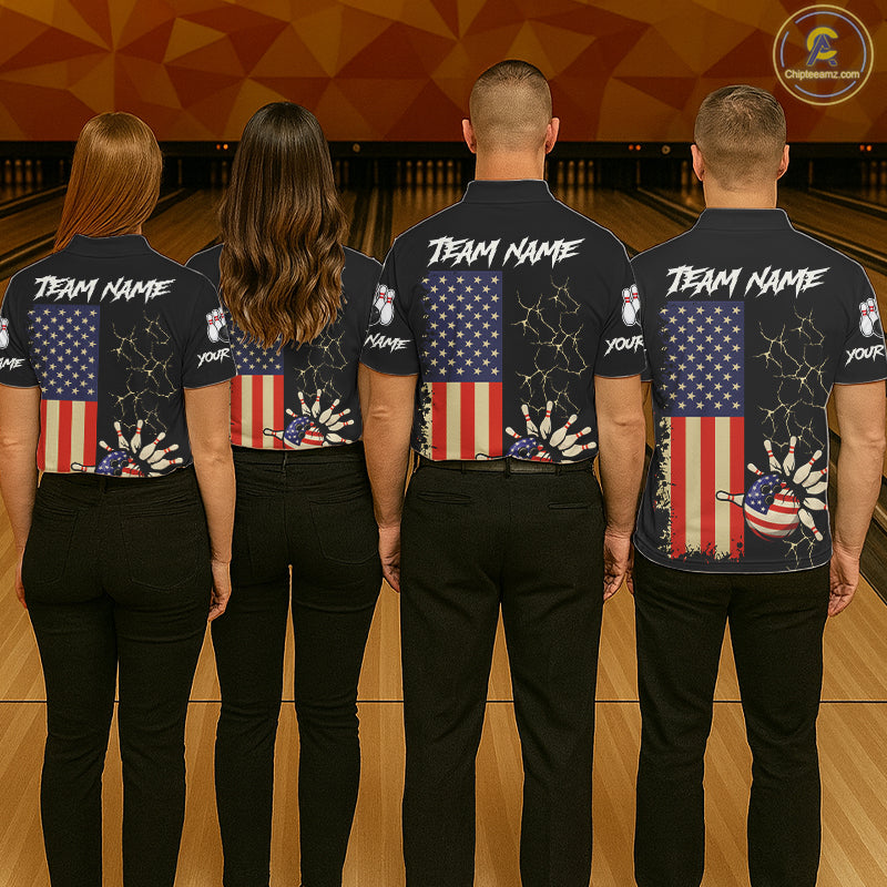 Custom American Flag Skull Bowling shirts For Men, patriotic team Bowling jerseys gift for bowlers NQS11538