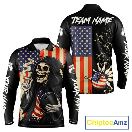 Custom American Flag Skull Bowling shirts For Men, patriotic team Bowling jerseys gift for bowlers NQS11538