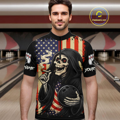 Custom American Flag Skull Bowling shirts For Men, patriotic team Bowling jerseys gift for bowlers NQS11538