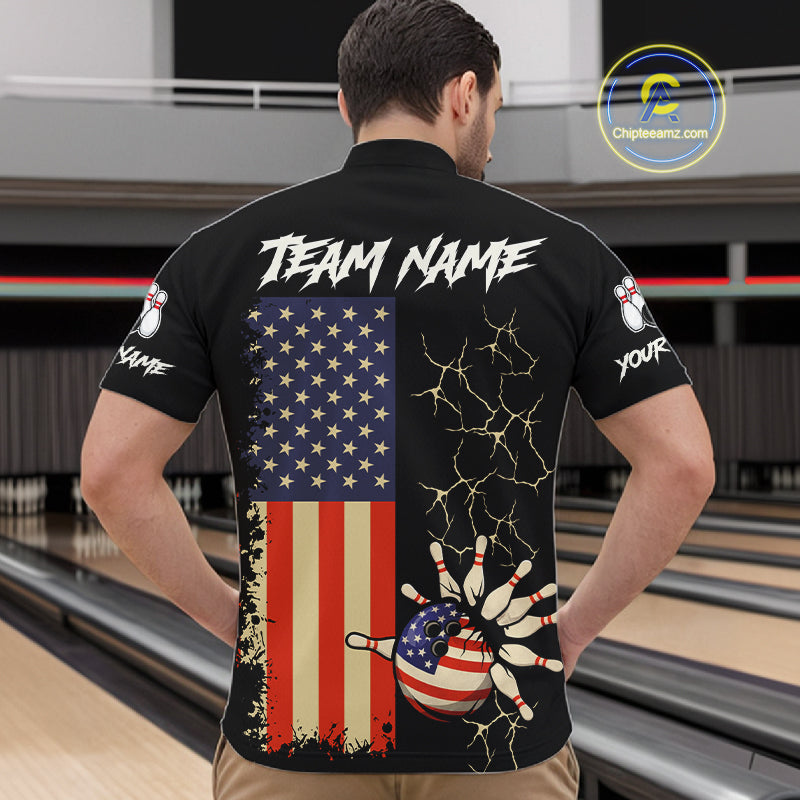 Custom American Flag Skull Bowling shirts For Men, patriotic team Bowling jerseys gift for bowlers NQS11538