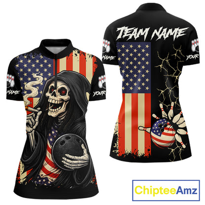 Custom American Flag Skull Bowling shirts For Women, patriotic team Bowling jerseys gift for bowlers NQS11538