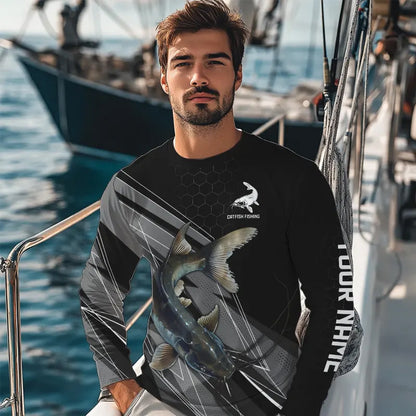 Personalized Black camo Catfish Fishing Jerseys, Catfish Long Sleeve Fishing Tournament Shirts NQS9750