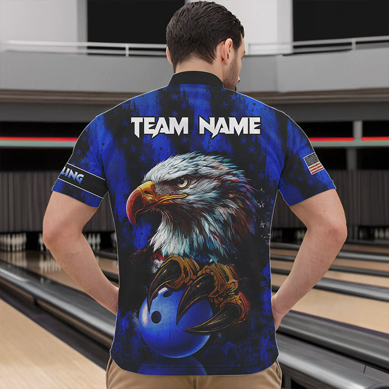 American Flag Eagle Mens Bowling Polo, 1/4 Zip Shirt Custom Name Patriotic Bowling Team Jersey | Blue NQS9755