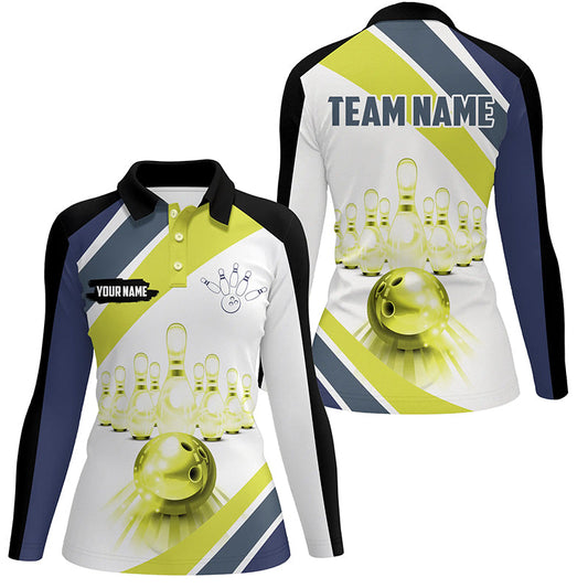 Lime green Light Bowling Polo Shirt for Women Custom Bowling ball and pins Team League Jerseys NQS7534