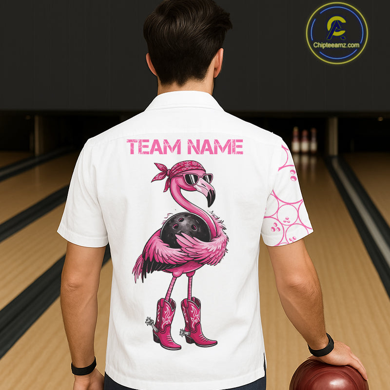 Funny Cute Pink Flamingo Custom White & Pink Bowling Hawaiian Shirts, Flamingo Bowling Team Outfits NQS11544