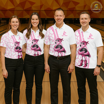 Funny Cute Pink Flamingo Custom White & Pink Bowling Shirts For Ladies, Flamingo Bowling Team Outfits NQS11544