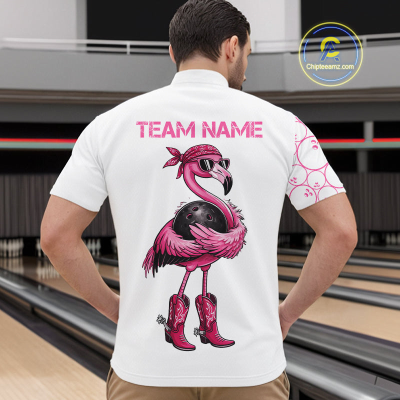 Funny Cute Pink Flamingo Custom White and Pink Bowling Shirts For Men, Flamingo Bowling Team Outfits NQS11544