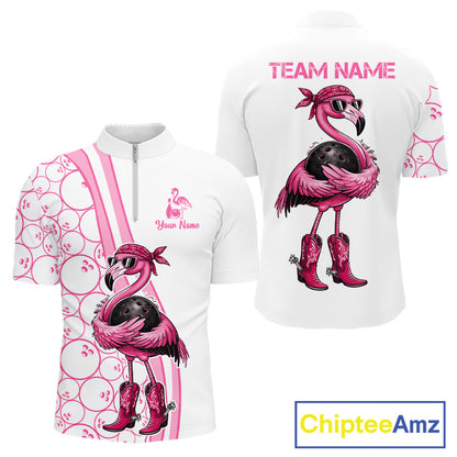 Funny Cute Pink Flamingo Custom White and Pink Bowling Shirts For Men, Flamingo Bowling Team Outfits NQS11544