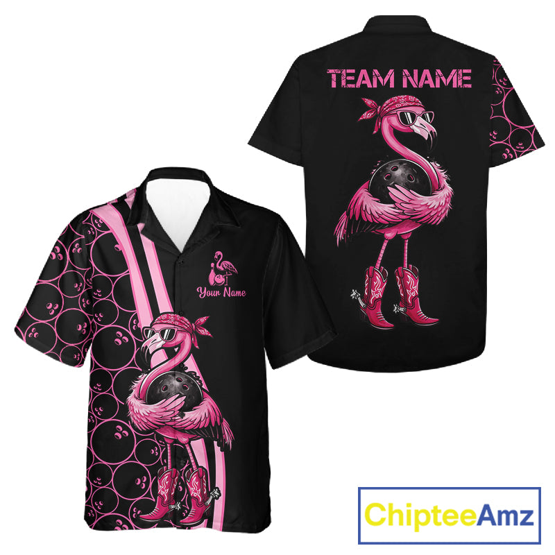 Funny Cute Pink Flamingo Custom Black & Pink Bowling Hawaiian Shirts, Flamingo Bowling Team Outfits NQS11545