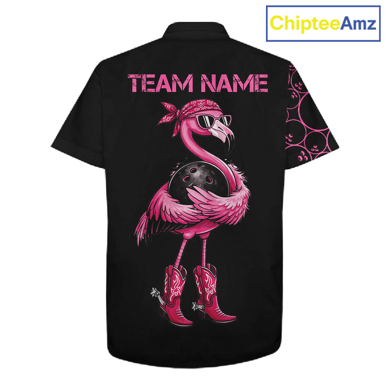Funny Cute Pink Flamingo Custom Black & Pink Bowling Hawaiian Shirts, Flamingo Bowling Team Outfits NQS11545