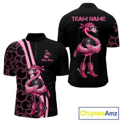 Funny Cute Pink Flamingo Custom Black and Pink Bowling Shirts For Men, Flamingo Bowling Team Outfits NQS11545