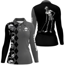 Load image into Gallery viewer, Black skull argyle pattern custom Women golf polo shirts, women's golf tops NQS7681