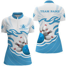 Load image into Gallery viewer, White and Blue Women polo, quarter zip bowling shirt Custom bowling ball pins team league jerseys NQS8799