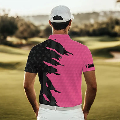 Personalized Mens golf polos shirts custom pink golf ball skin black American flag mens golf apparel NQS9775