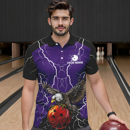 Men's bowling Polo, Quarter Zip shirt Custom Eagle bowling lightning storm team league jersey | Purple NQS9782