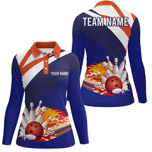 Load image into Gallery viewer, Blue orange personalized bowling shirt for women – custom name design side view