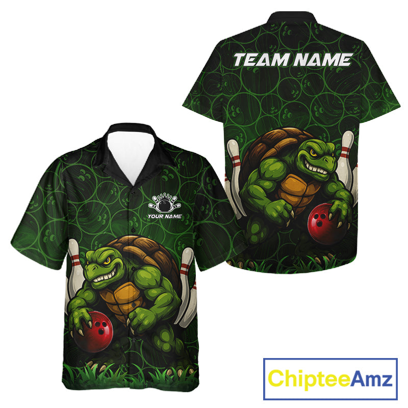 Black and Green Camo Funny Turtle Bowling Hawaiian Shirt Custom Team Bowling Button up shirt NQS11337