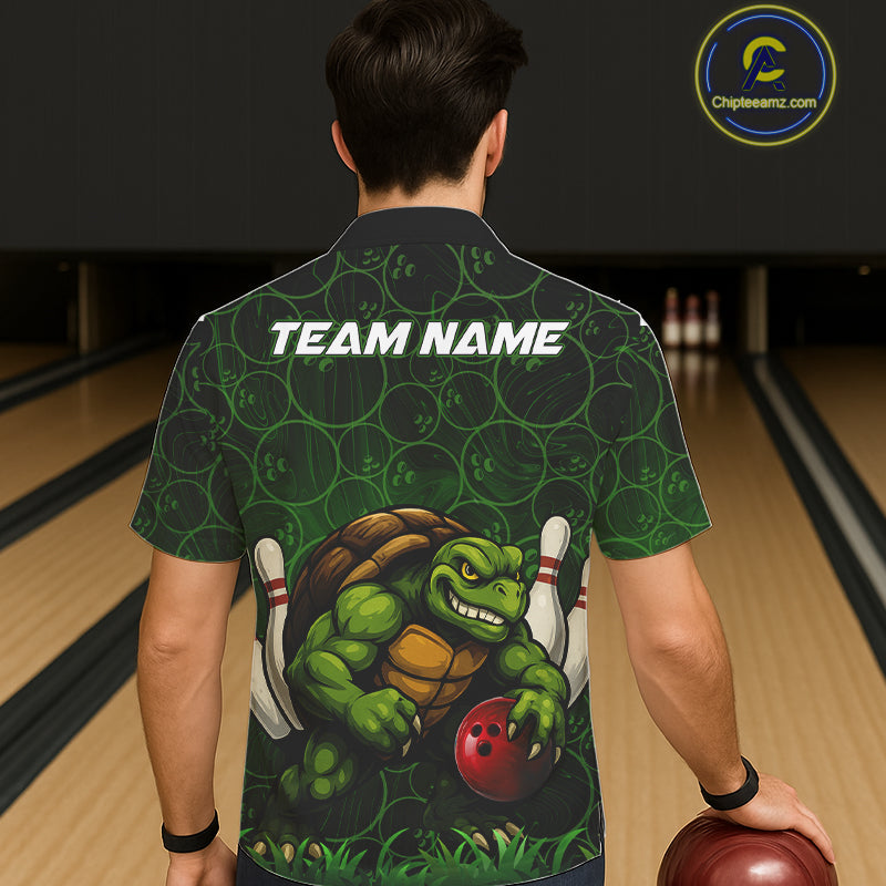 Black and Green Camo Funny Turtle Bowling Hawaiian Shirt Custom Team Bowling Button up shirt NQS11337