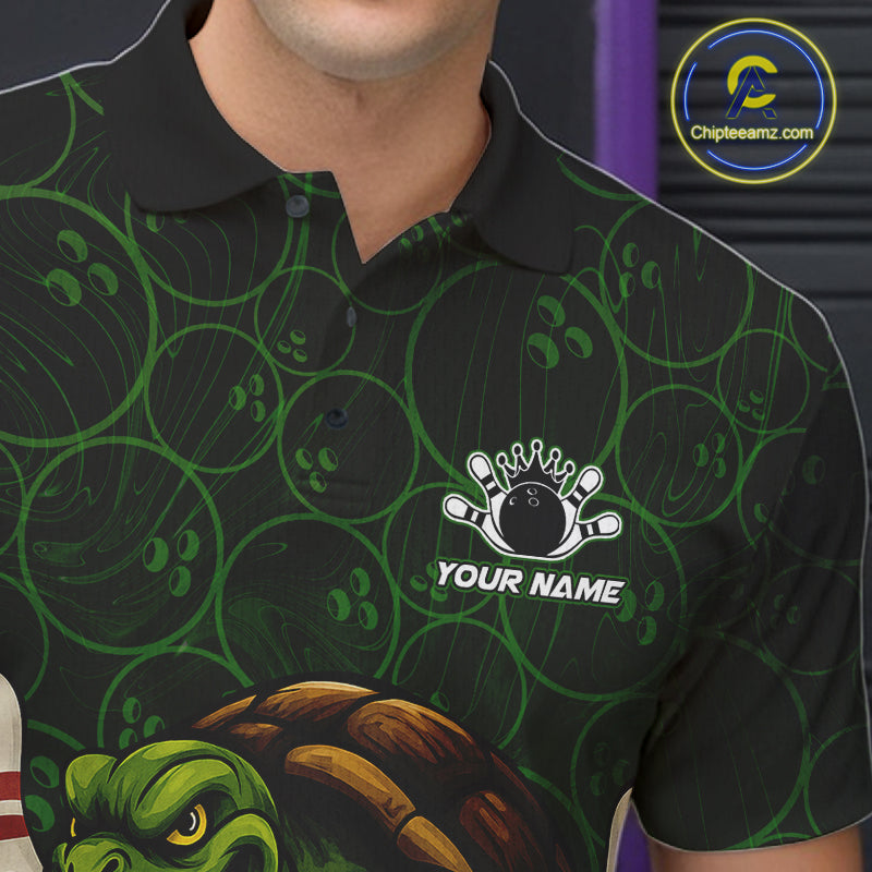 Black and Green Camo Funny Turtle Bowling Polo, Quarter Zip Shirt For Men Custom Team Bowling jerseys NQS11337