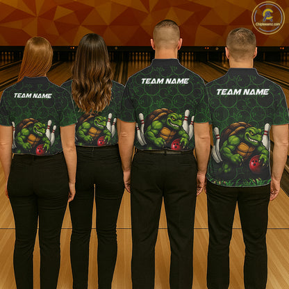 Black and Green Camo Funny Turtle Bowling Polo, Quarter Zip Shirt For Men Custom Team Bowling jerseys NQS11337