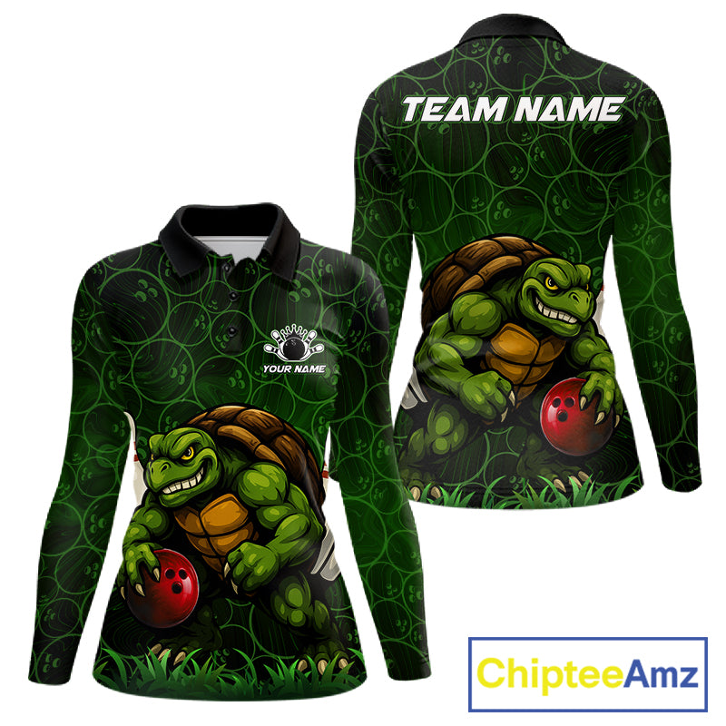 Black and Green Camo Funny Turtle Bowling Polo, 1/4 Zip Shirt For Women Custom Team Bowling jerseys NQS11337