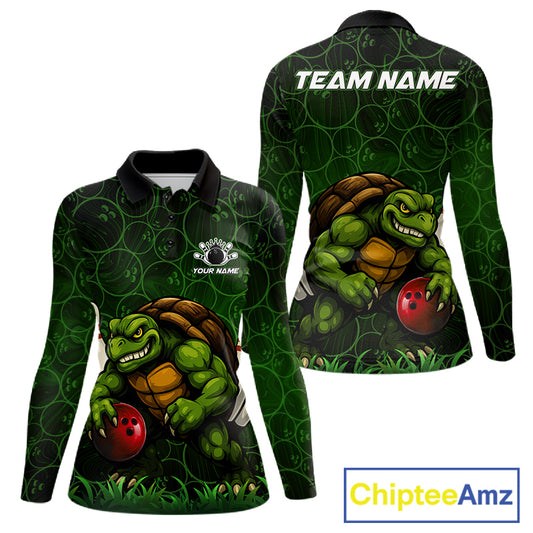 Black and Green Camo Funny Turtle Bowling Polo, 1/4 Zip Shirt For Women Custom Team Bowling jerseys NQS11337