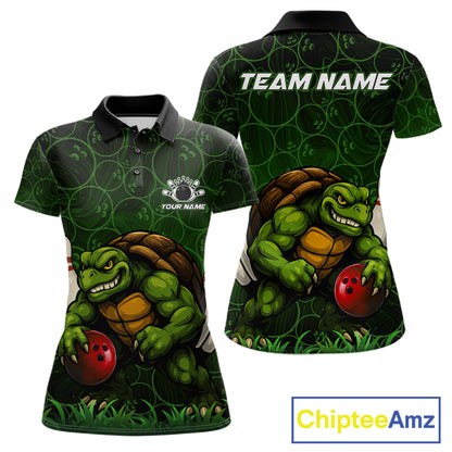 Black and Green Camo Funny Turtle Bowling Polo, 1/4 Zip Shirt For Women Custom Team Bowling jerseys NQS11337