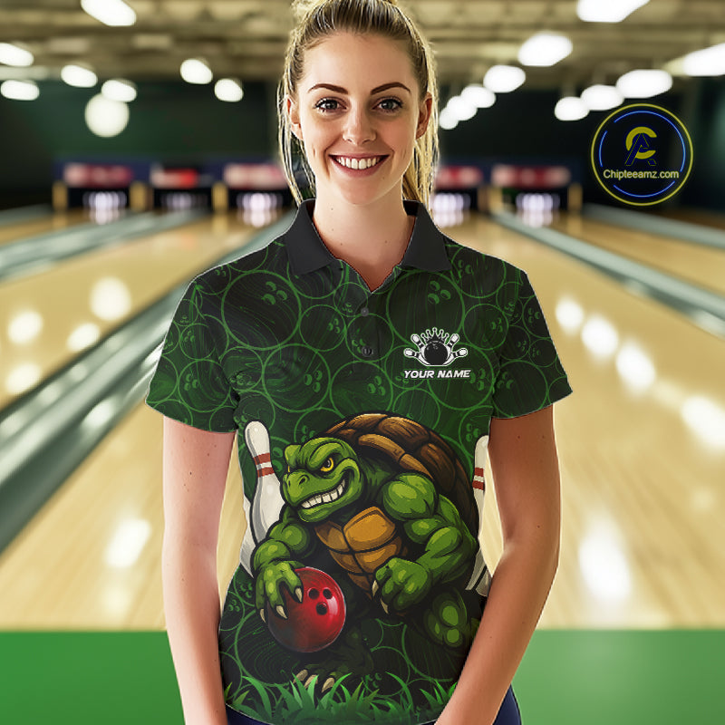 Black and Green Camo Funny Turtle Bowling Polo, 1/4 Zip Shirt For Women Custom Team Bowling jerseys NQS11337
