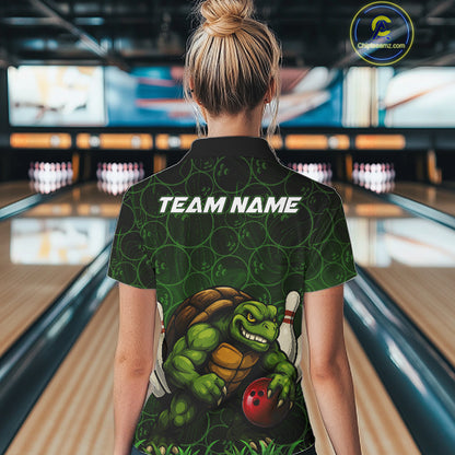 Black and Green Camo Funny Turtle Bowling Polo, 1/4 Zip Shirt For Women Custom Team Bowling jerseys NQS11337